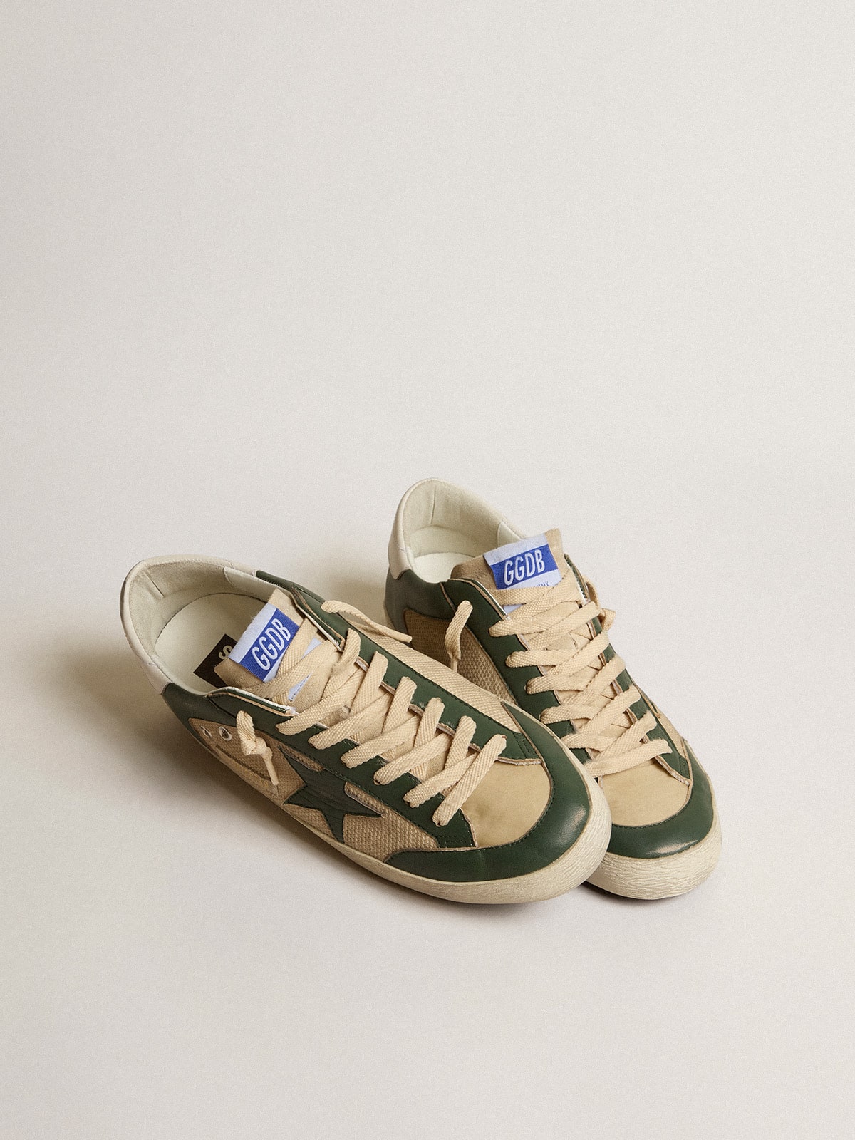 Golden Goose Men's Super-Star  in cream mesh and green nappa with nappa star
