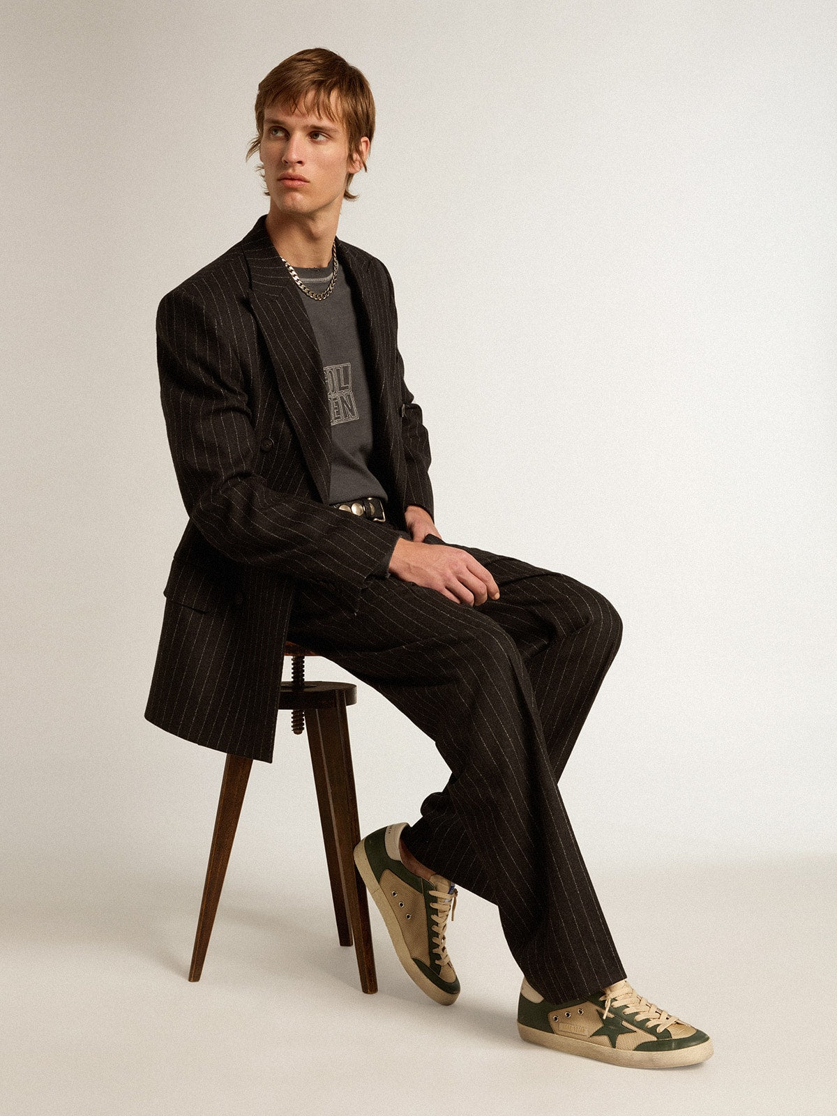 Golden Goose Men's Super-Star  in cream mesh and green nappa with nappa star