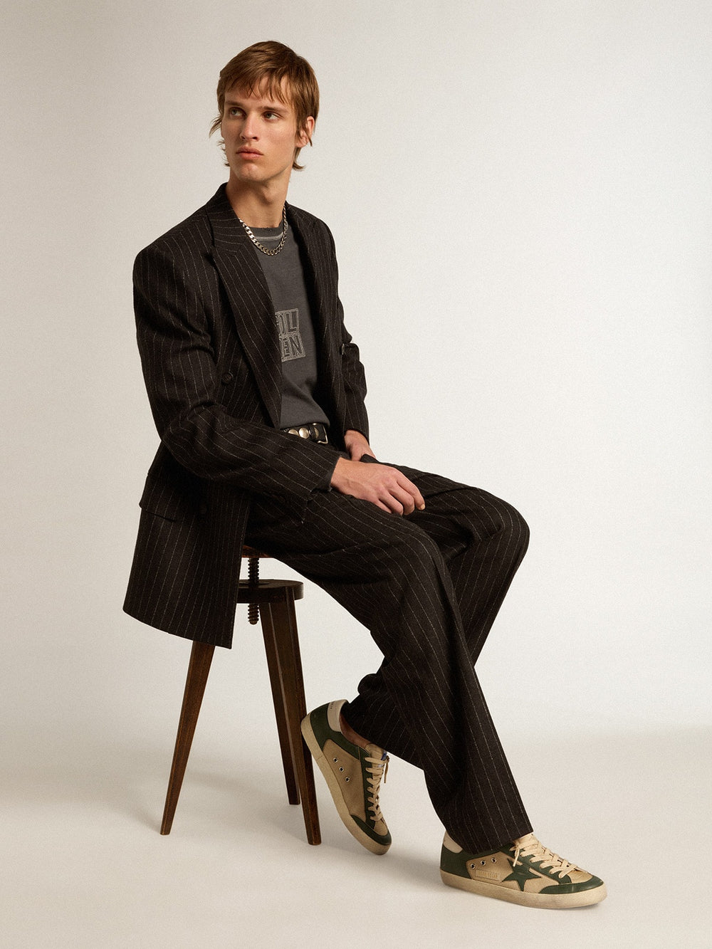Golden Goose Men's Super-Star  in cream mesh and green nappa with nappa star