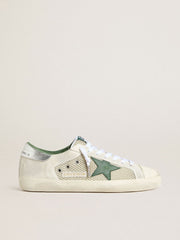 Golden Goose Men’s Super-Star LTD in white suede and mesh with green leather star and silver heel tab