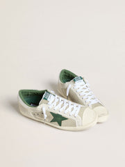 Golden Goose Men’s Super-Star LTD in white suede and mesh with green leather star and silver heel tab