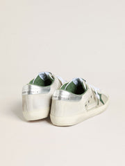 Golden Goose Men’s Super-Star LTD in white suede and mesh with green leather star and silver heel tab