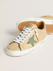 Golden Goose Super-Star LTD in beige leather with green suede star and silver foiled leather heel tab