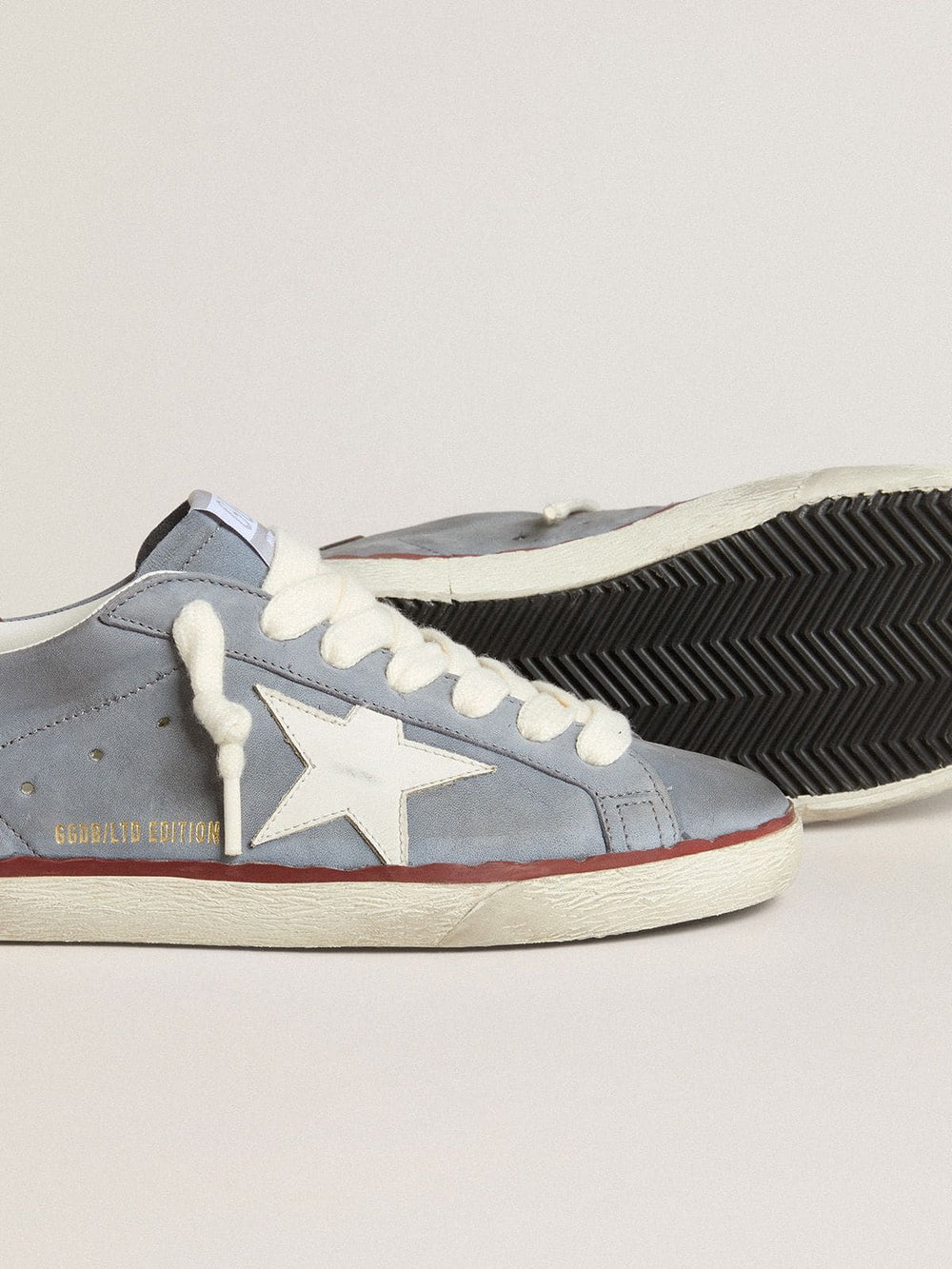 Golden Goose Super-Star LTD in light blue nubuck leather with white leather star and brown leather heel tab