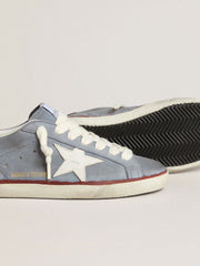 Golden Goose Super-Star LTD in light blue nubuck leather with white leather star and brown leather heel tab