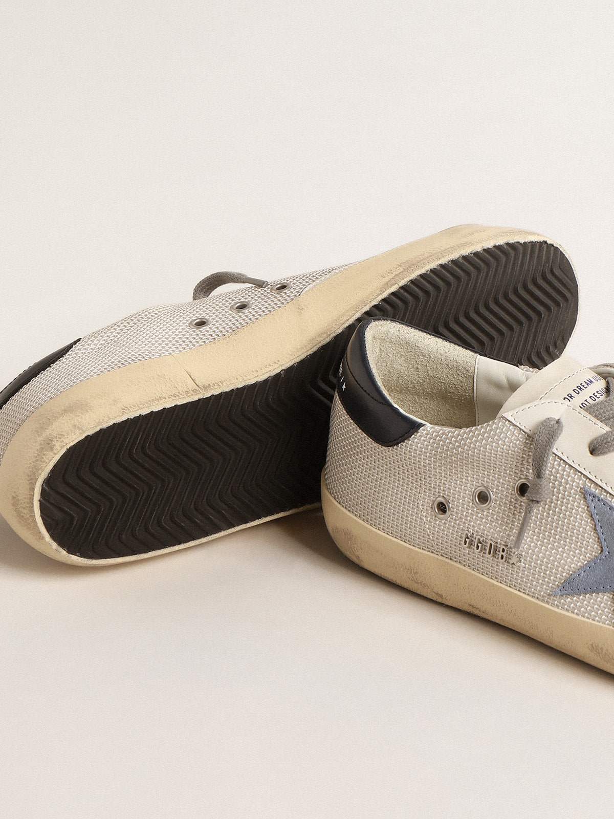Golden Goose Super-Star in pale silver mesh with light blue suede star