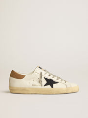 Golden Goose Men's Super-Star in white leather with midnight-blue canvas star and tobacco leather heel tab