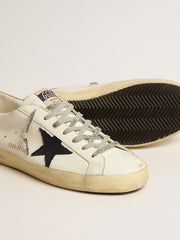 Golden Goose Men's Super-Star in white leather with midnight-blue canvas star and tobacco leather heel tab