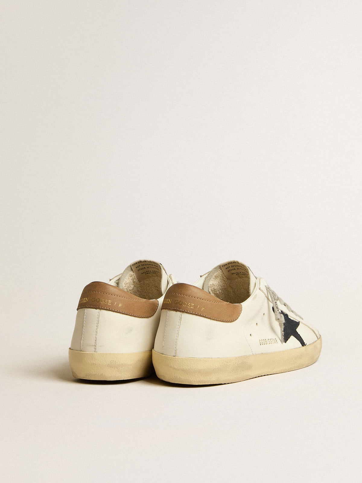 Golden Goose Men's Super-Star in white leather with midnight-blue canvas star and tobacco leather heel tab