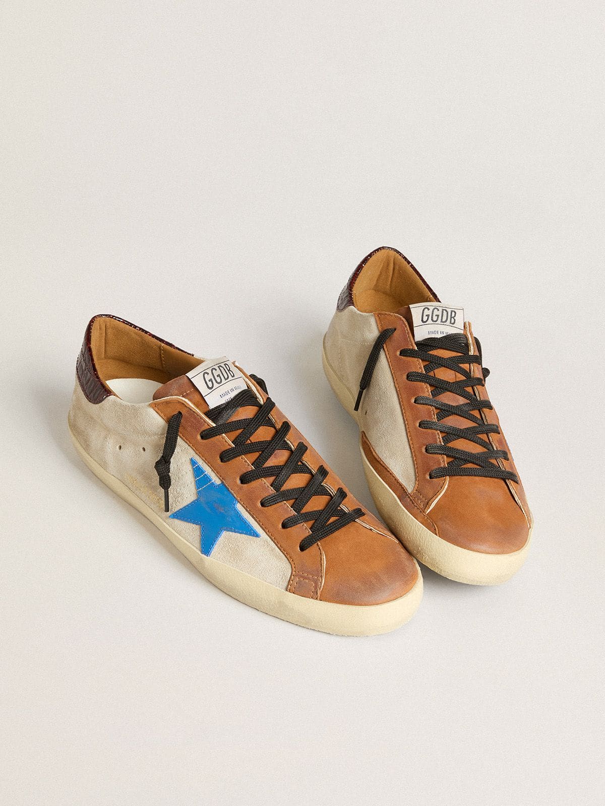 Golden Goose Beige Men's Super-Star LTD with light blue star and crocodile-print heel tab