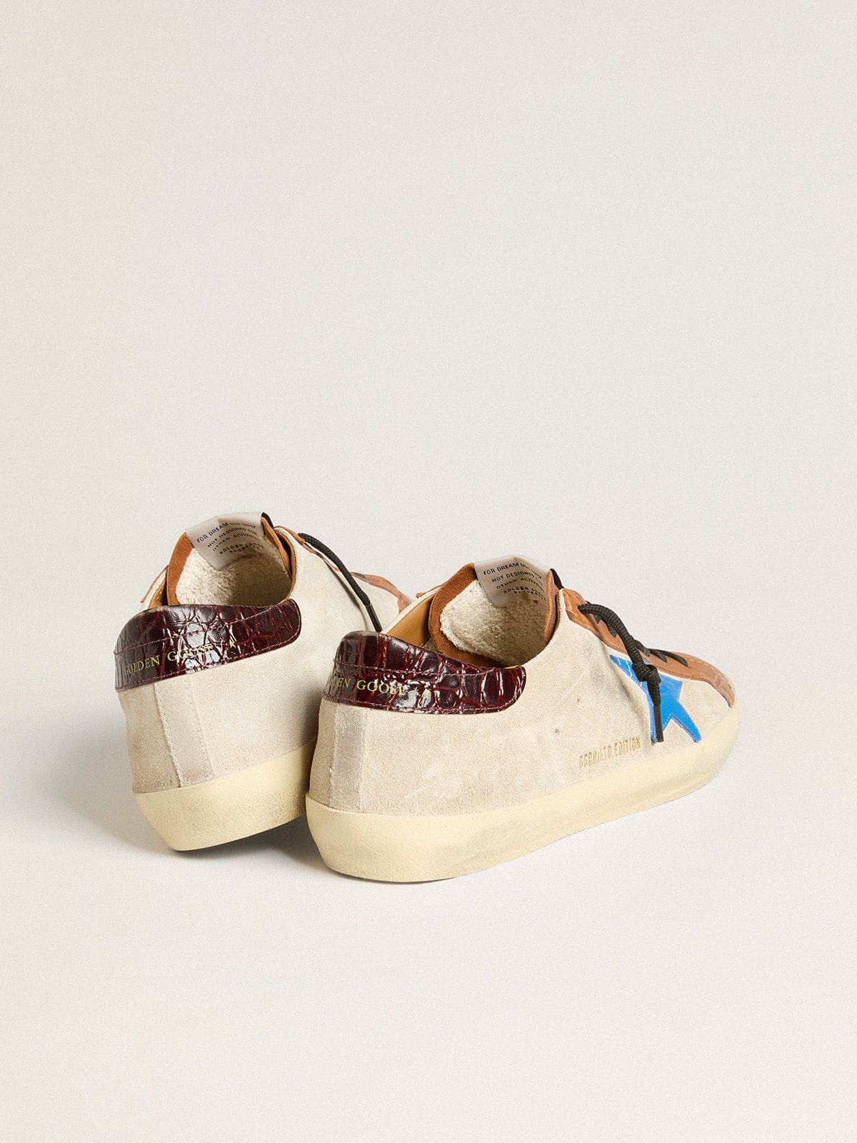 Golden Goose Beige Men's Super-Star LTD with light blue star and crocodile-print heel tab