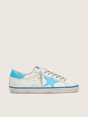 Golden Goose Men's Super-Star LTD in white leather with light blue leather star and heel tab