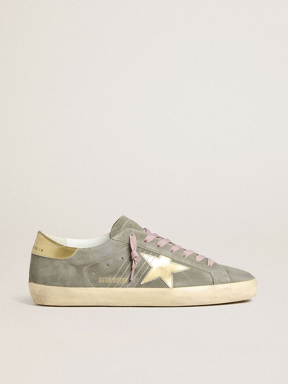 Golden Goose Men's Super-Star in gray suede with gold metallic leather star and heel tab