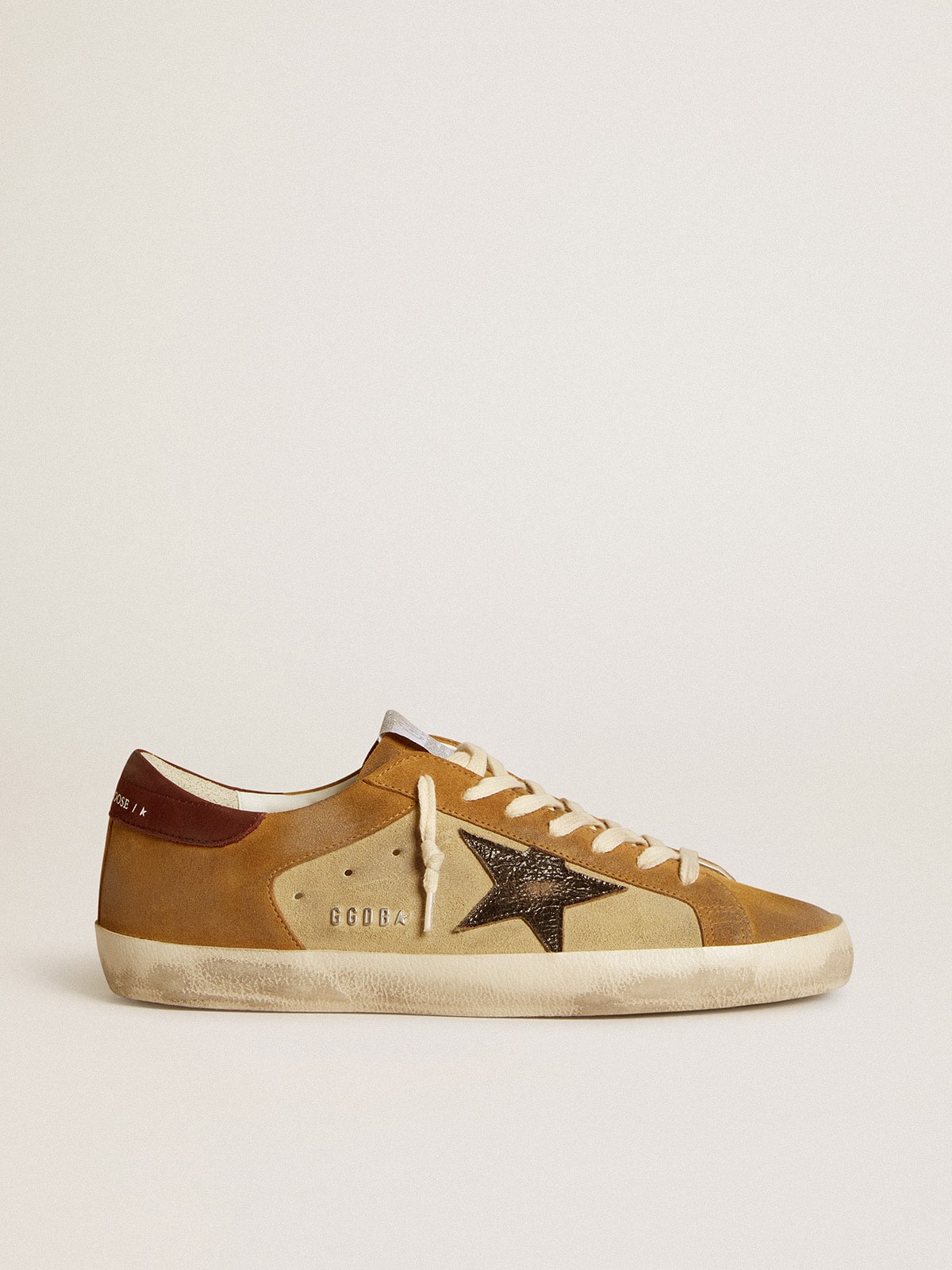 Golden Goose Men’s Super-Star in beige and caramel suede with black crackle leather star
