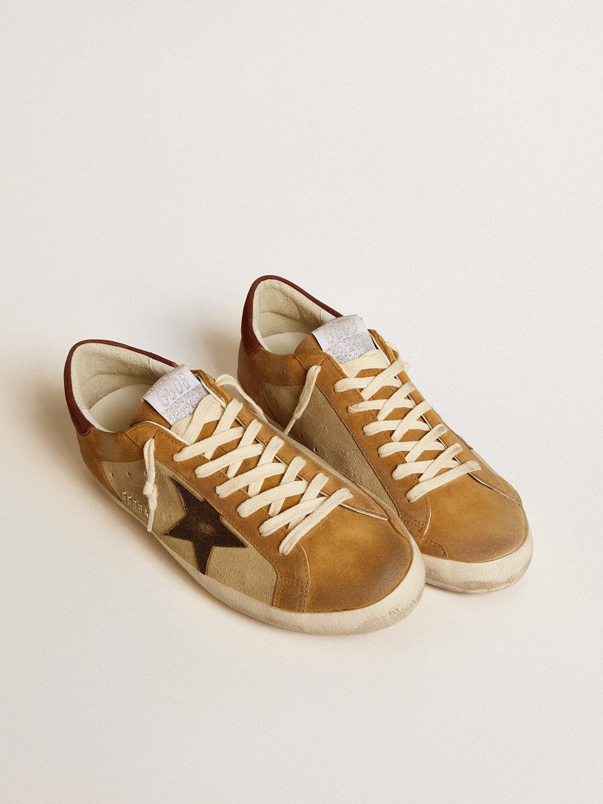 Golden Goose Men’s Super-Star in beige and caramel suede with black crackle leather star