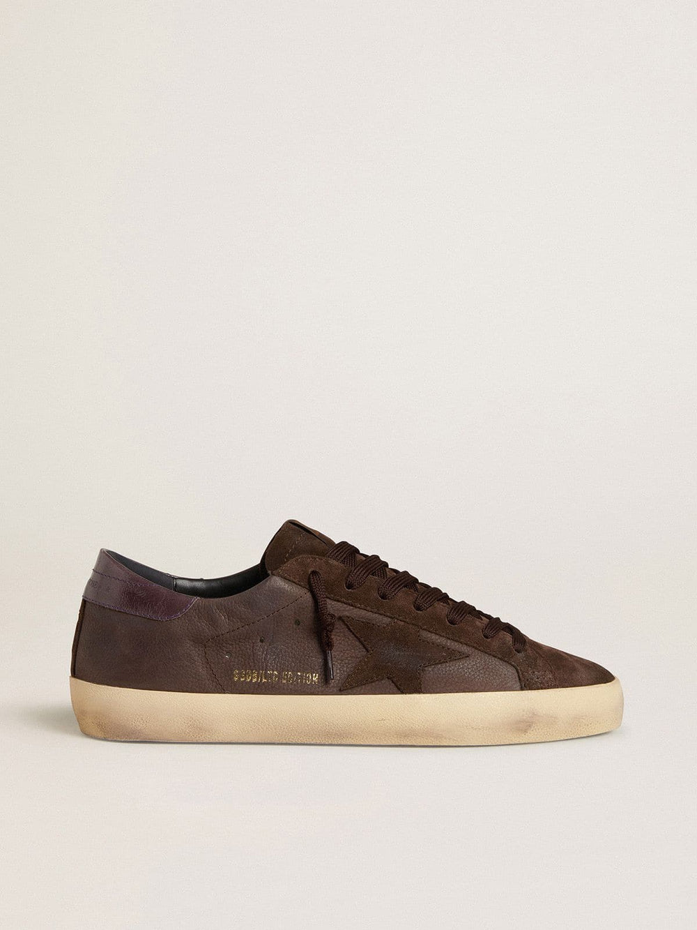 Golden Goose Men's Super-Star LTD in brown nubuck with suede star and purple leather heel tab