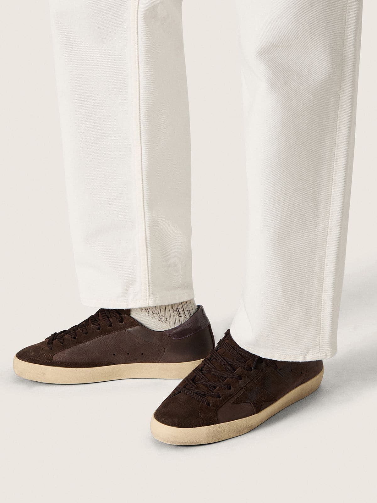 Golden Goose Men's Super-Star LTD in brown nubuck with suede star and purple leather heel tab
