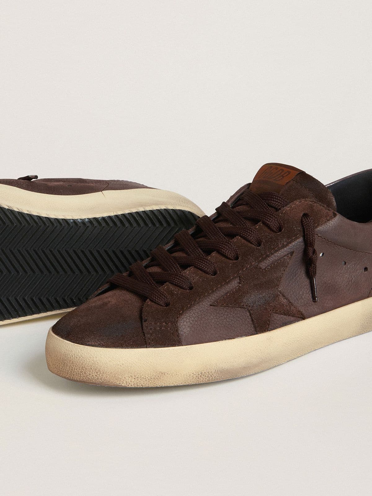 Golden Goose Men's Super-Star LTD in brown nubuck with suede star and purple leather heel tab