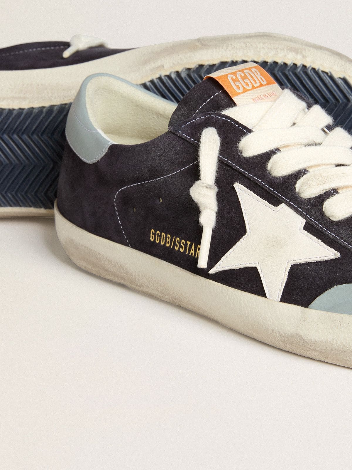 Golden Goose Men's Super-Star in midnight-blue suede with white leather star and light blue leather heel tab