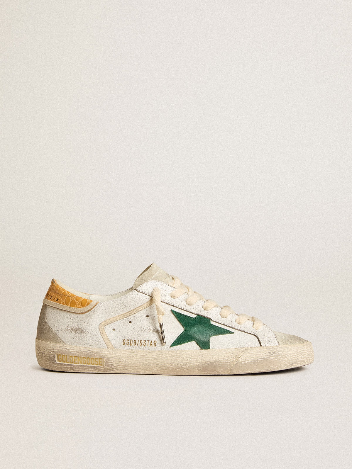 Golden Goose Men's Super-Star with green suede star and yellow croc-print leather heel tab