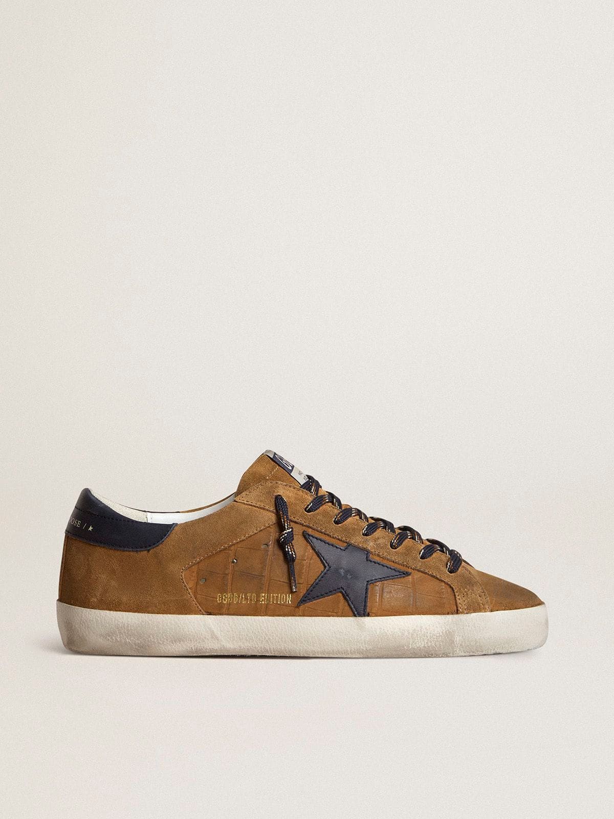 Golden Goose Men's Super-Star LTD in tobacco-colored croc-print leather with midnight blue leather star and heel tab