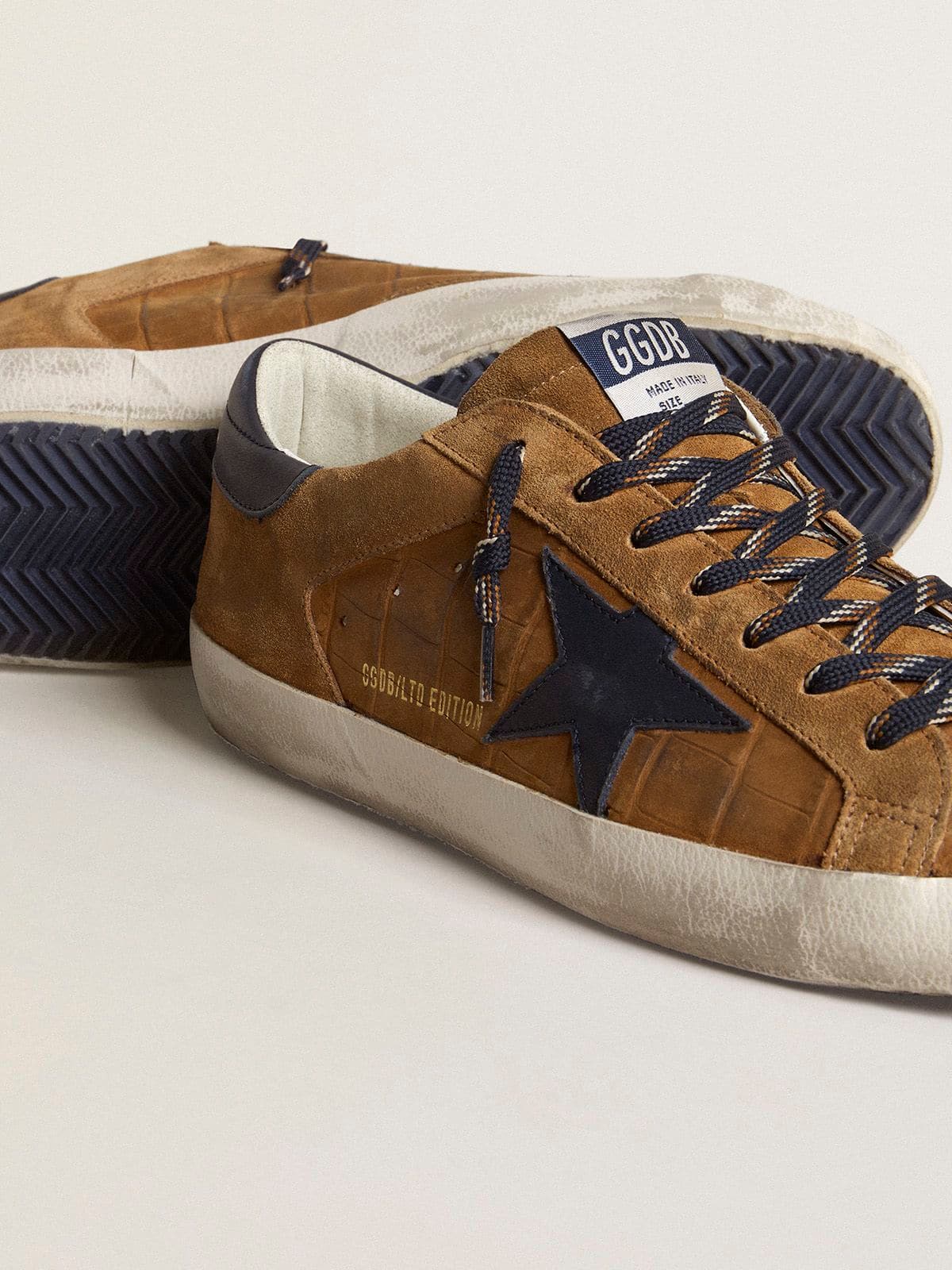 Golden Goose Men's Super-Star LTD in tobacco-colored croc-print leather with midnight blue leather star and heel tab