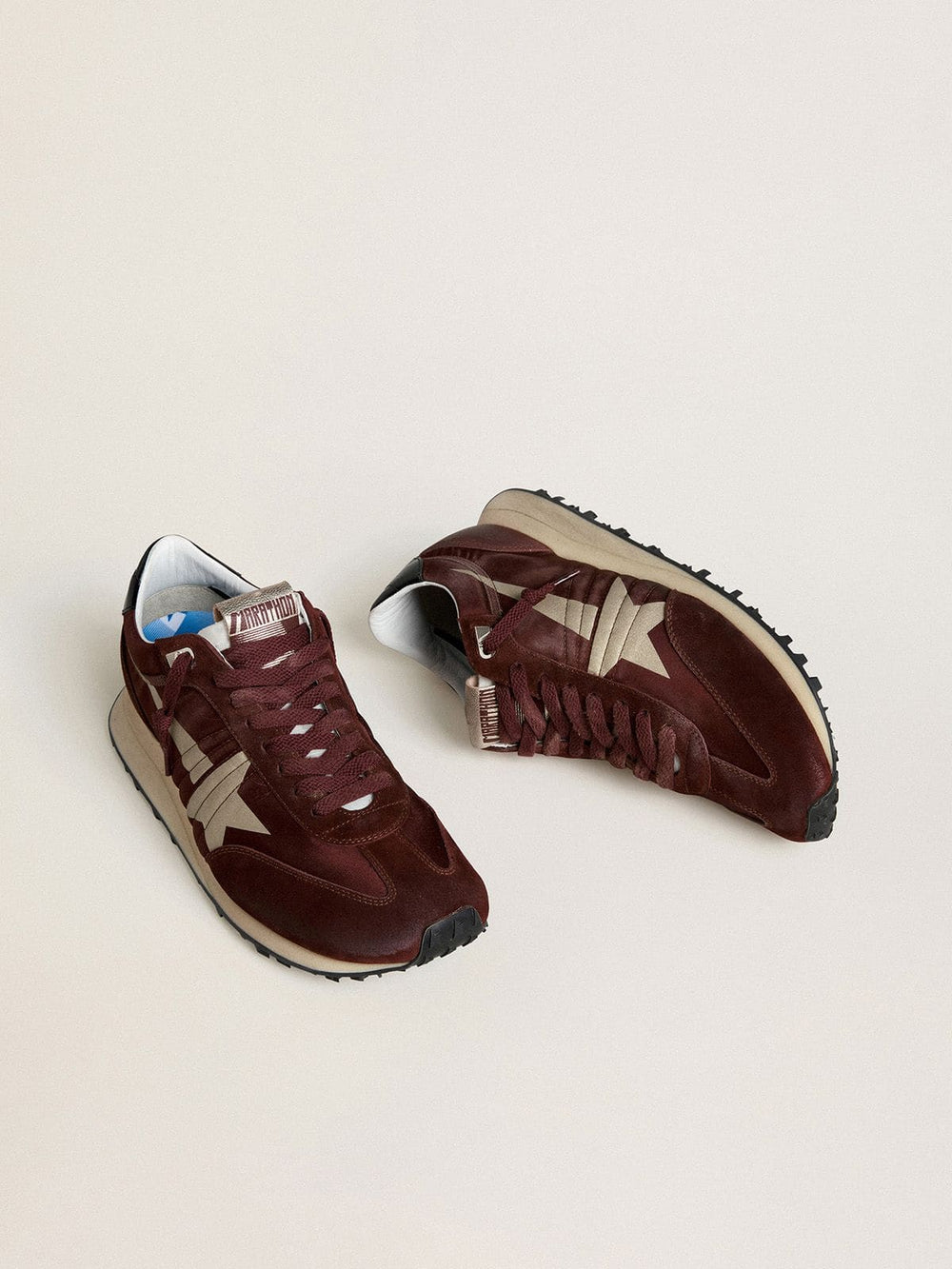 Golden Goose Men's Marathon with burgundy satin upper and platinum leather star