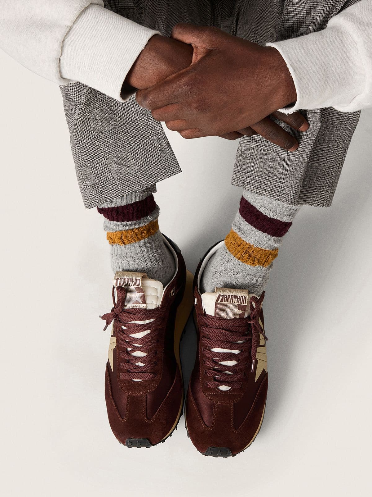 Golden Goose Men's Marathon with burgundy satin upper and platinum leather star