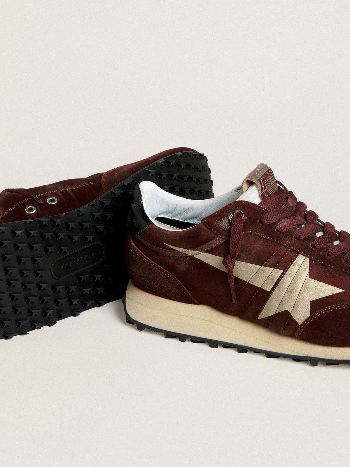 Golden Goose Men's Marathon with burgundy satin upper and platinum leather star