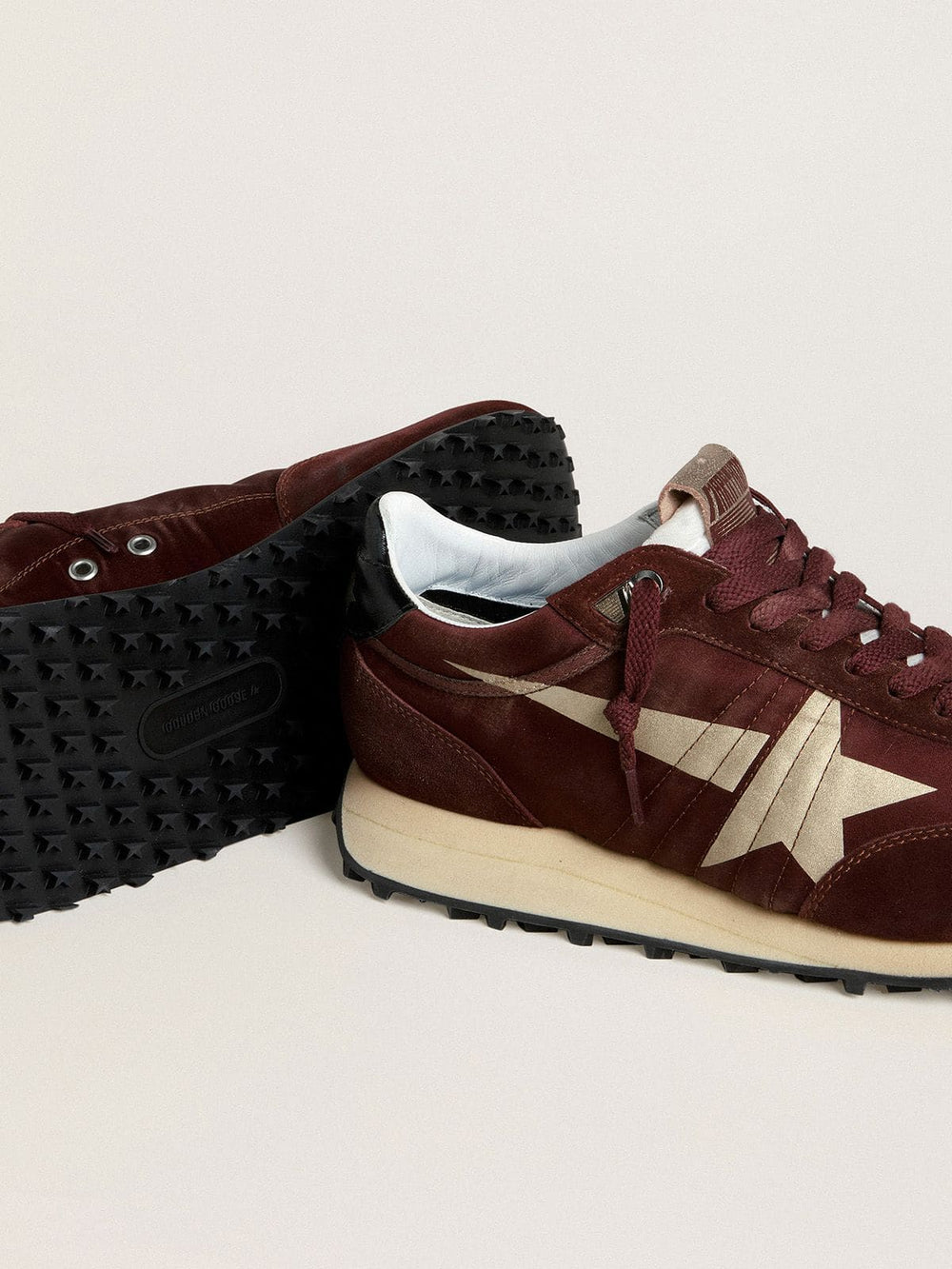 Golden Goose Men's Marathon with burgundy satin upper and platinum leather star