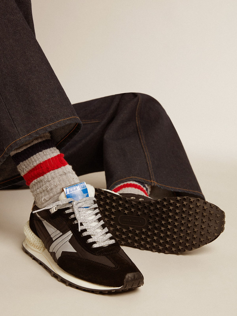 Golden Goose Men’s Marathon with black ripstop nylon upper and silver star