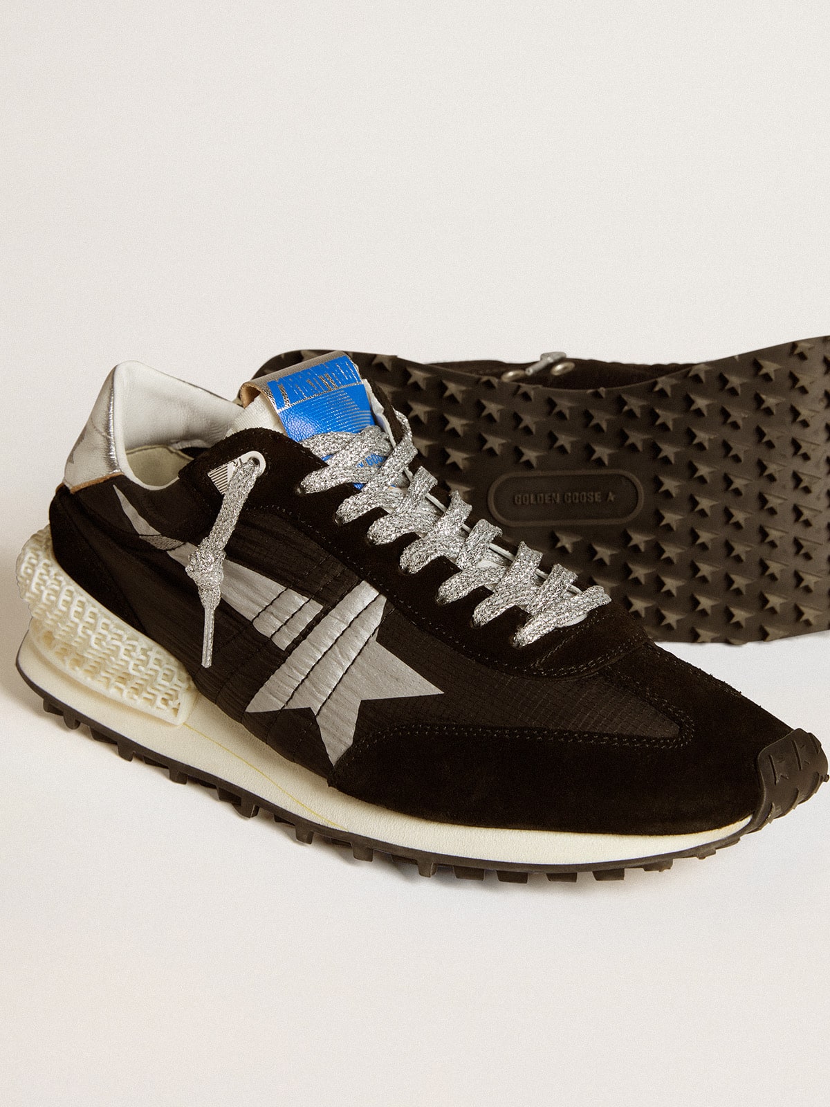 Golden Goose Men’s Marathon with black ripstop nylon upper and silver star