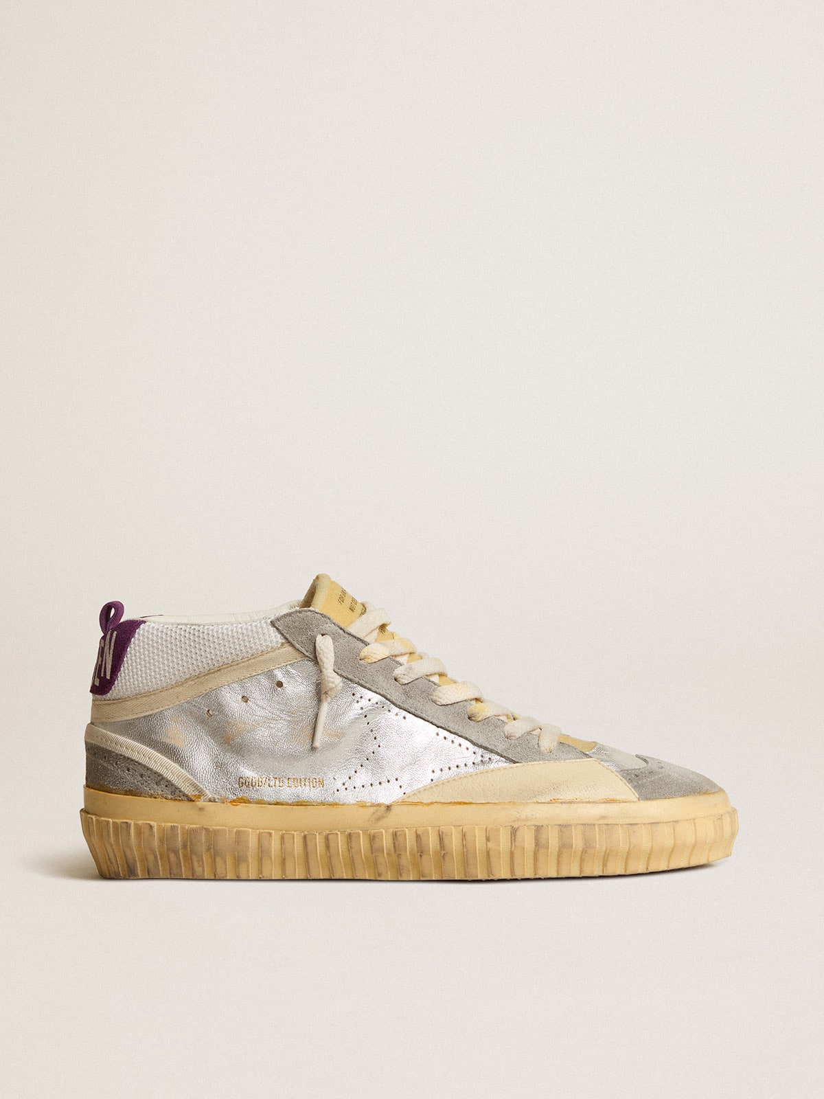 Golden Goose Mid Star LAB in silver metallic leather and mesh with perforated star