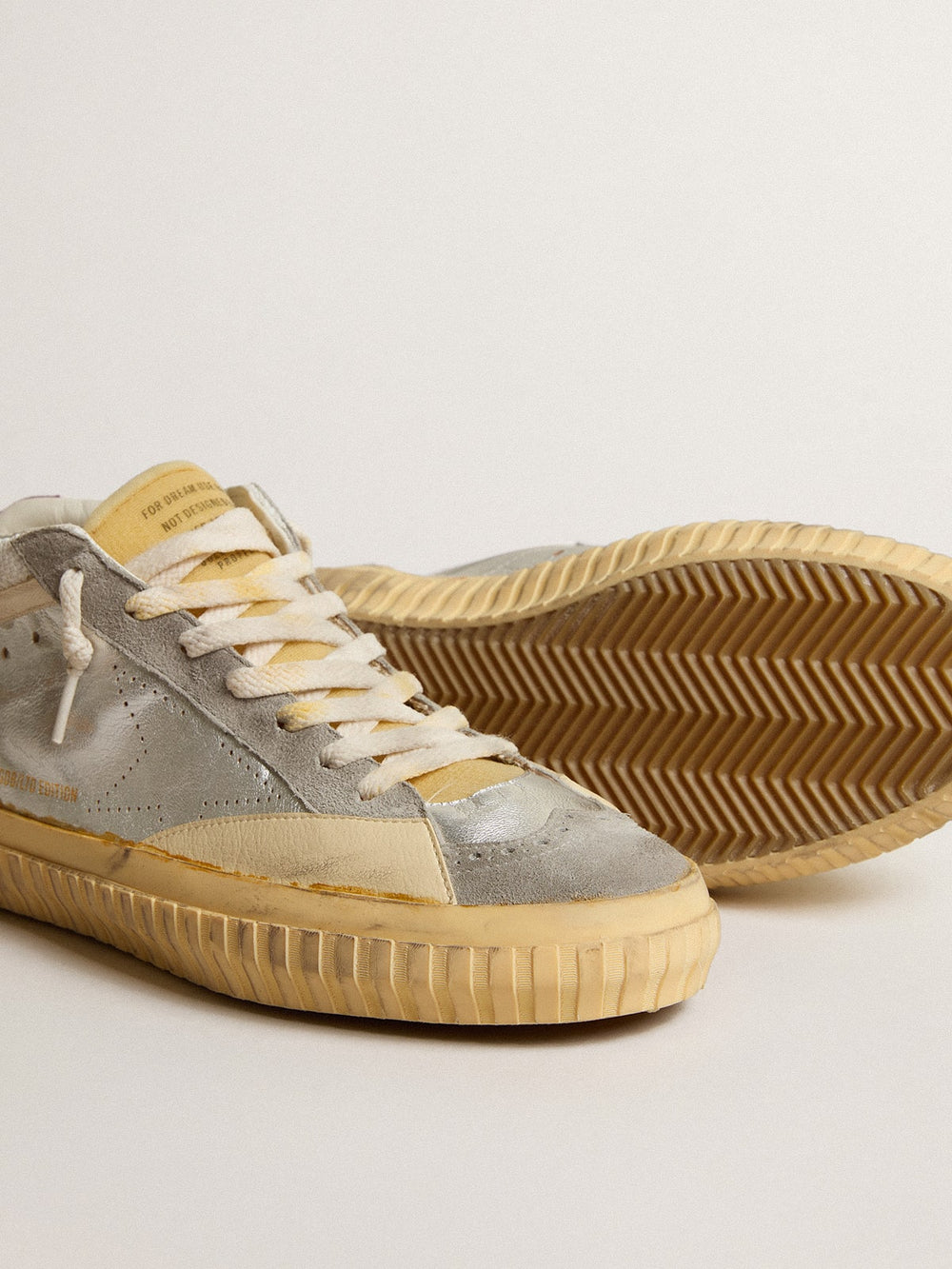 Golden Goose Mid Star LAB in silver metallic leather and mesh with perforated star