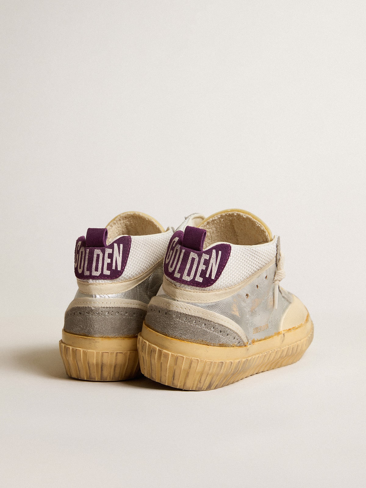 Golden Goose Mid Star LAB in silver metallic leather and mesh with perforated star