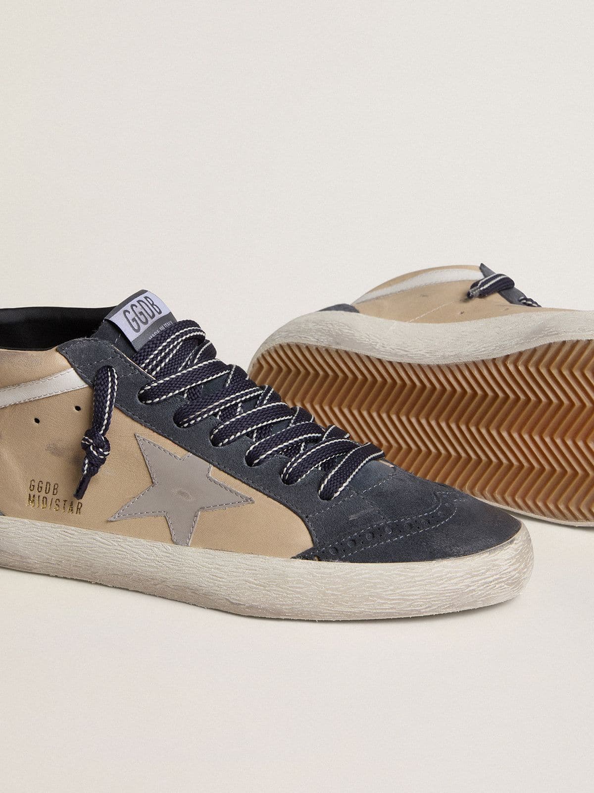 Golden Goose Men's Mid Star in beige and blue suede with gray nappa leather star and white leather flash