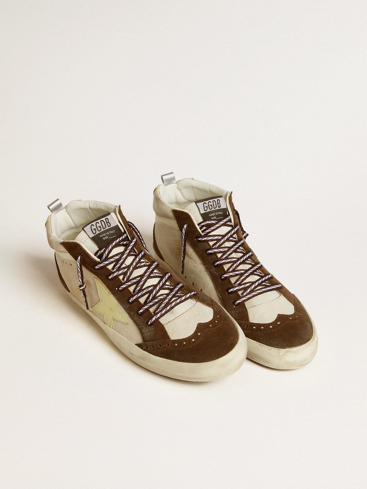 Golden Goose Men's Mid Star in beige glitter with yellow suede star and cotton flash