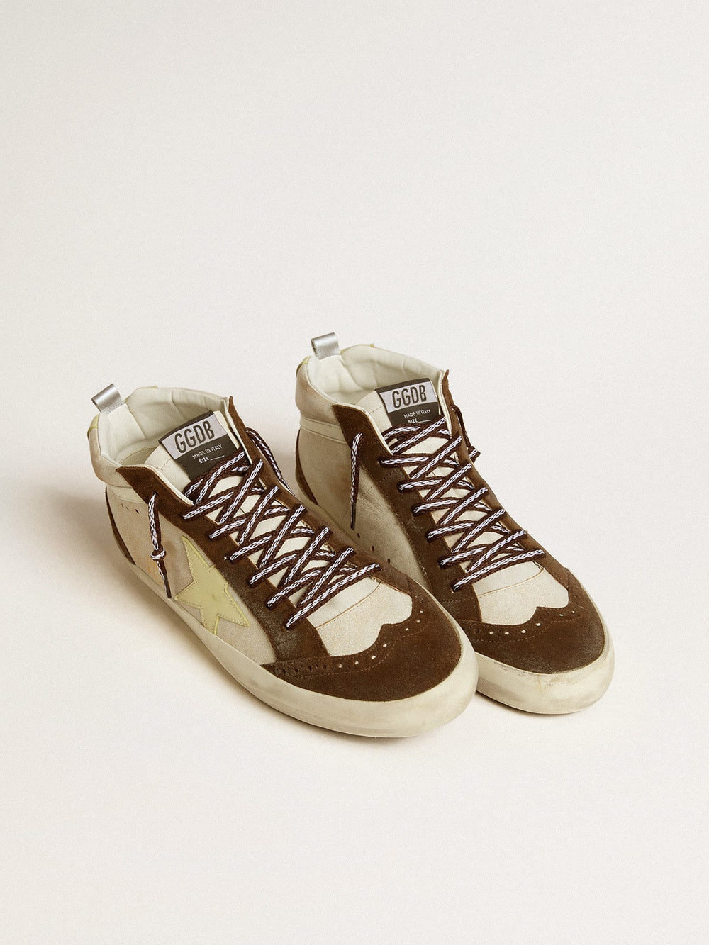 Golden Goose Men's Mid Star in beige glitter with yellow suede star and cotton flash