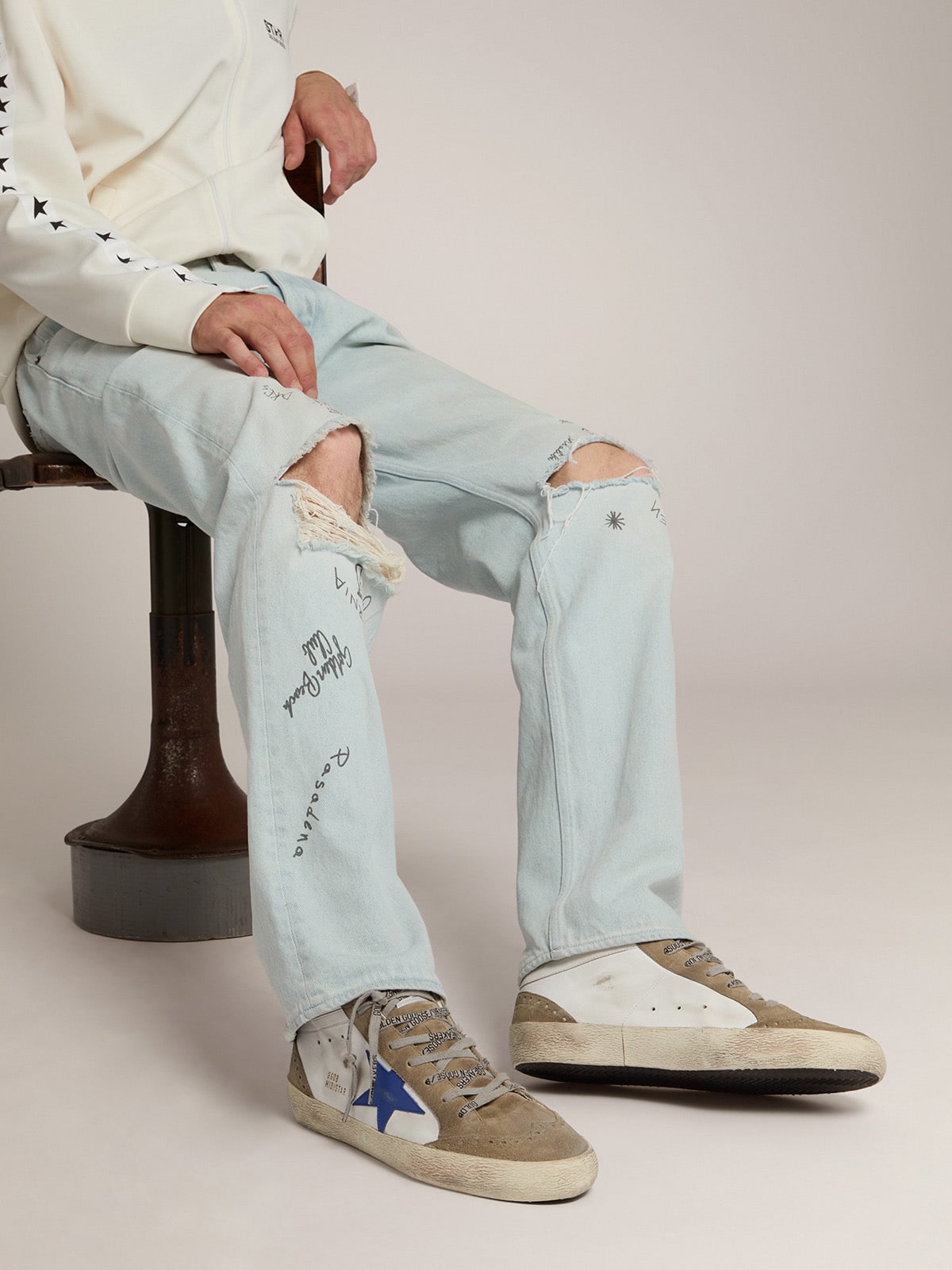 Golden Goose Men's Mid Star with blue leather star and dove-gray suede inserts