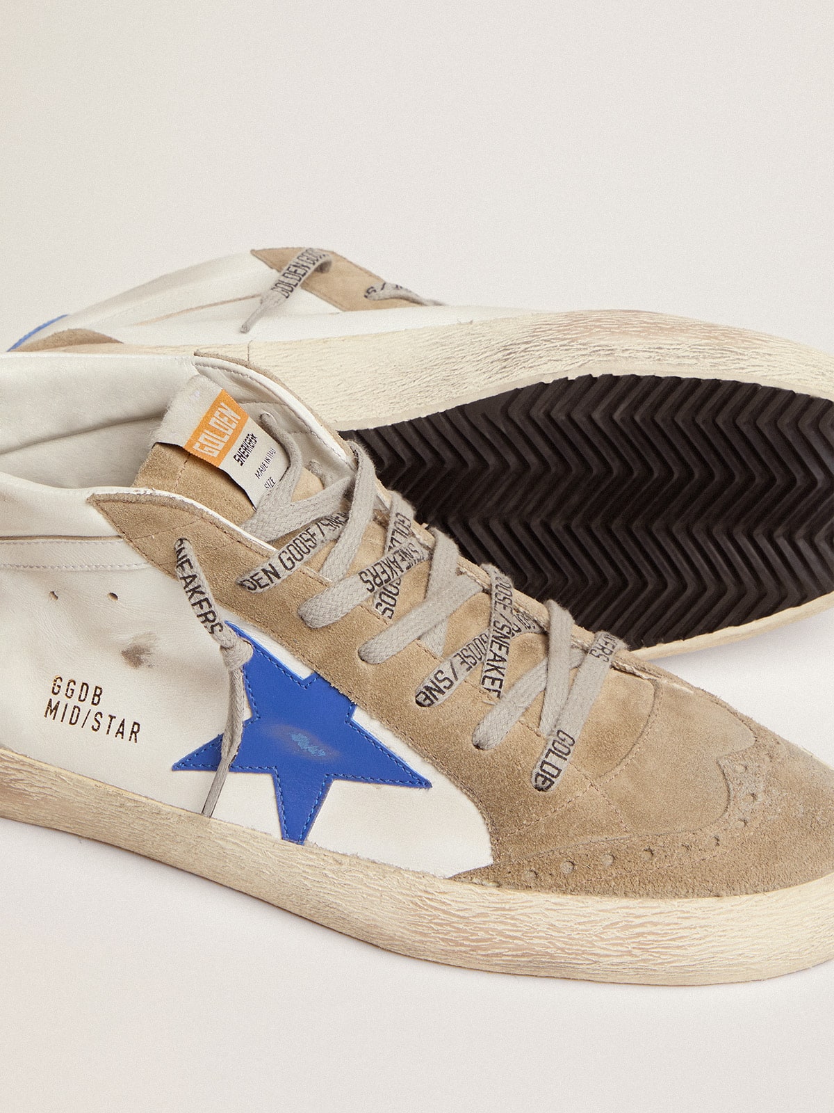 Golden Goose Men's Mid Star with blue leather star and dove-gray suede inserts
