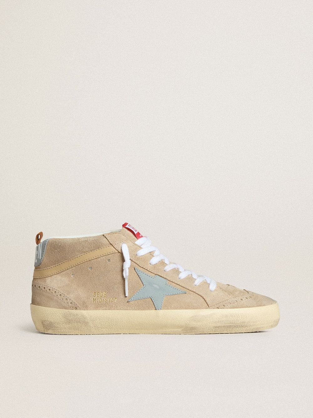Golden Goose Men's Mid Star in beige suede with powder-blue leather star and heel tab