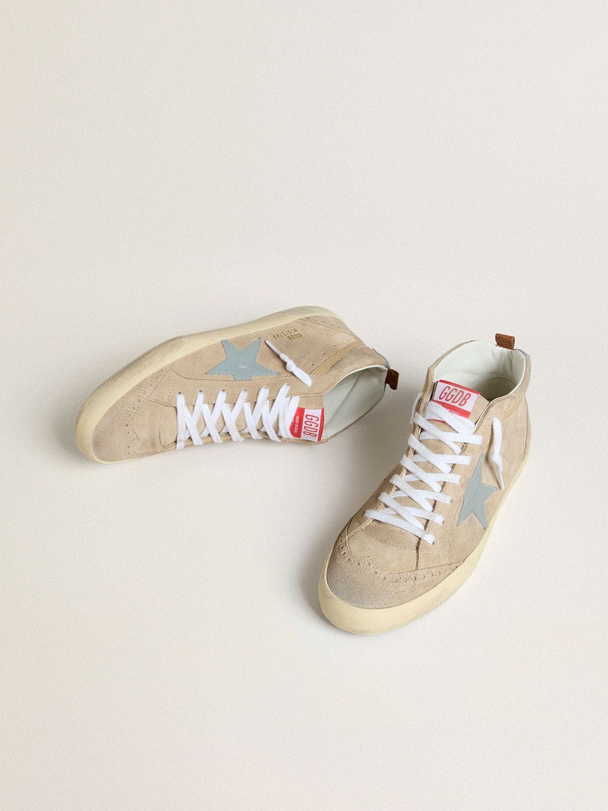 Golden Goose Men's Mid Star in beige suede with powder-blue leather star and heel tab