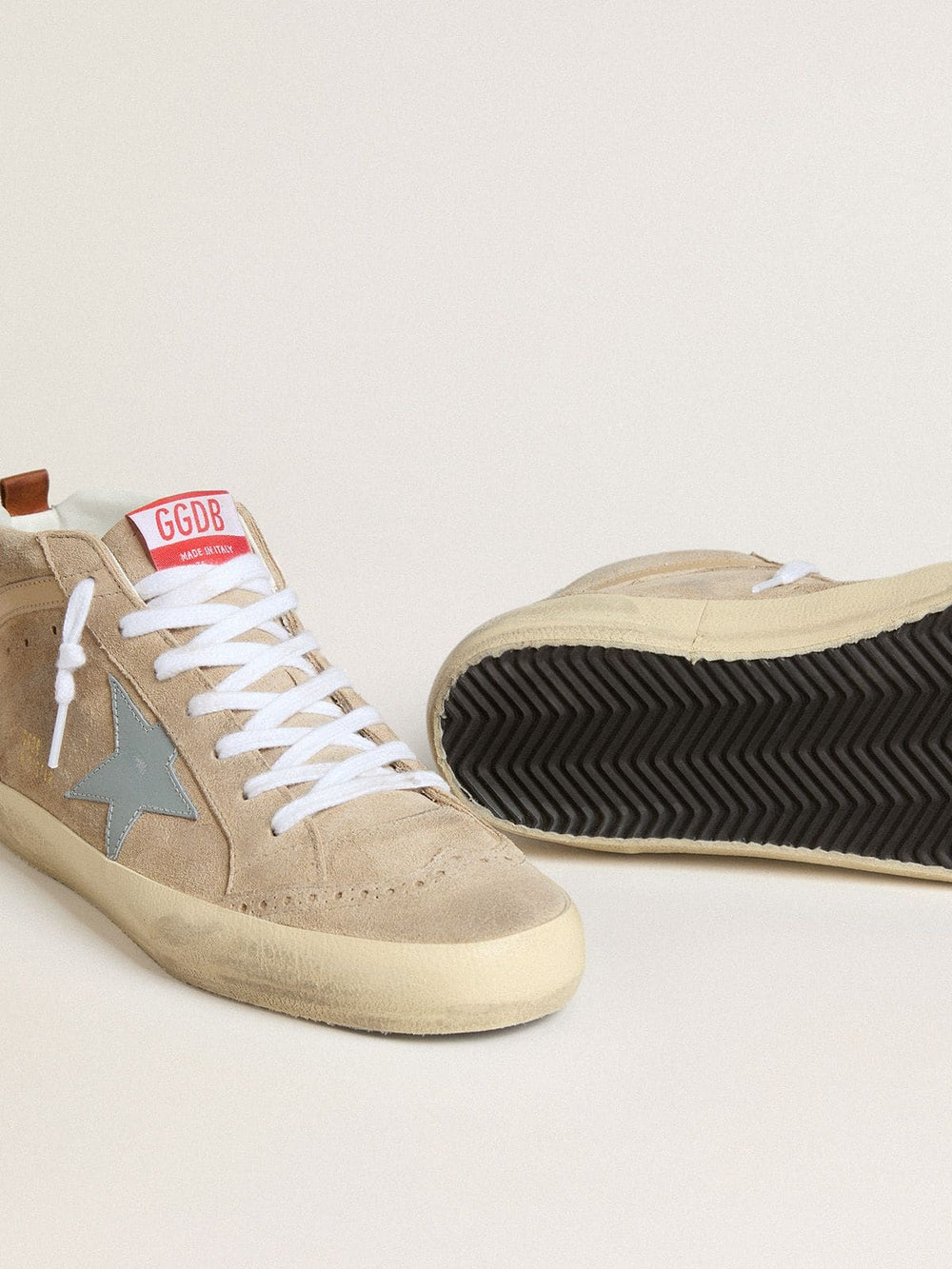 Golden Goose Men's Mid Star in beige suede with powder-blue leather star and heel tab