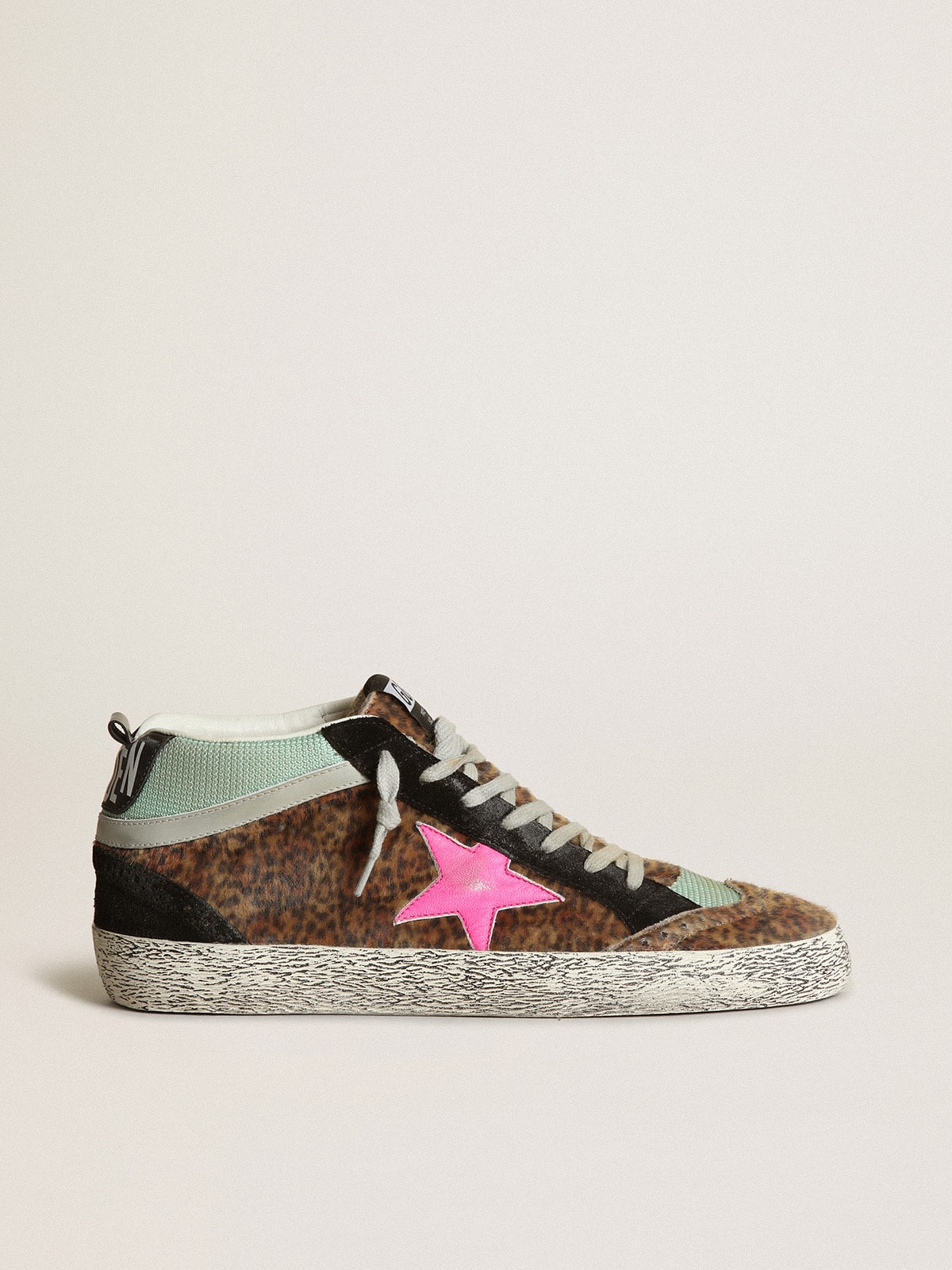 Golden Goose Mid Star in leopard-print pony skin with fuchsia leather star