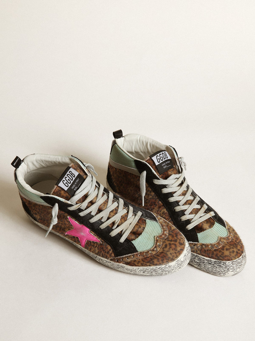 Golden Goose Mid Star in leopard-print pony skin with fuchsia leather star