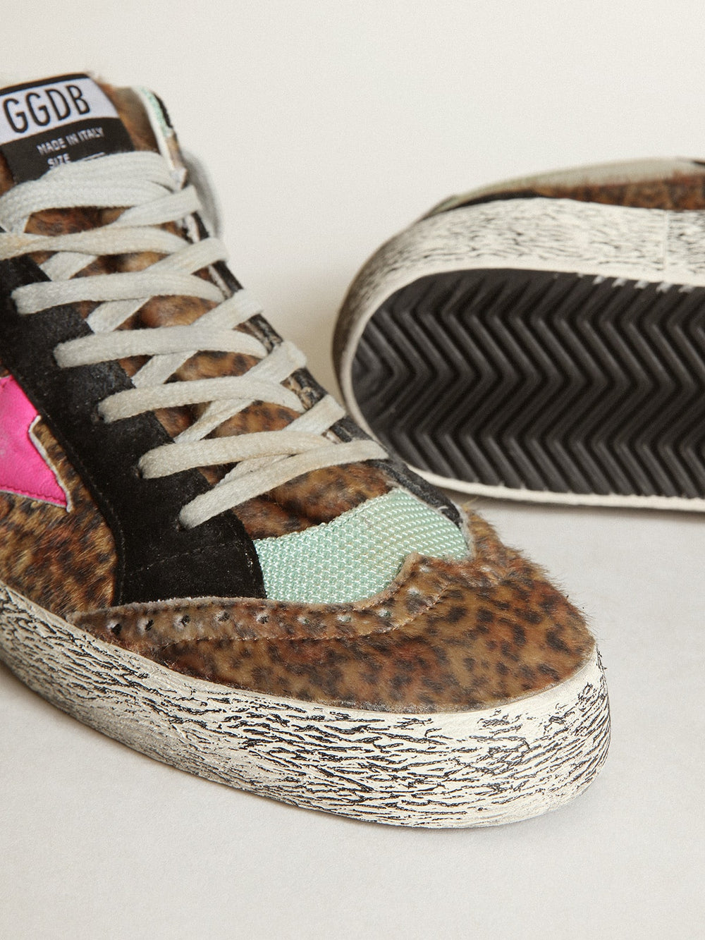Golden Goose Mid Star in leopard-print pony skin with fuchsia leather star