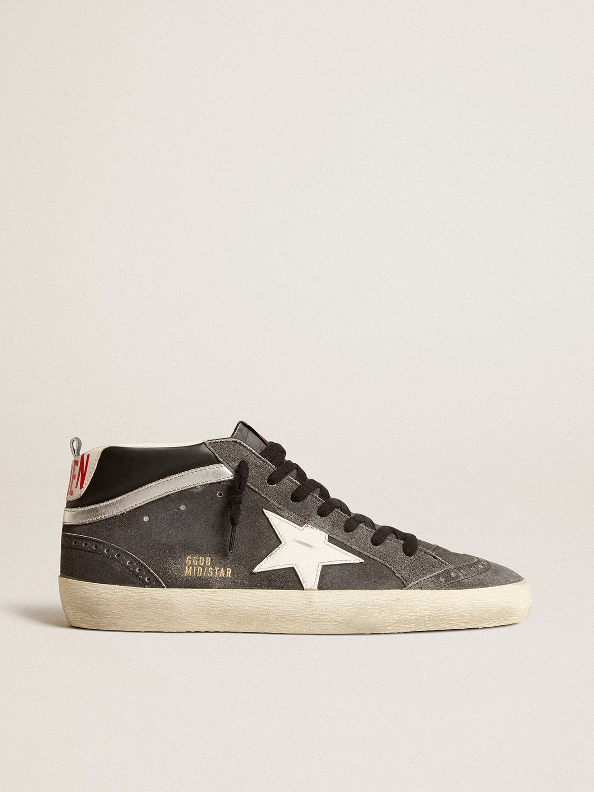 Golden Goose Mid Star in black suede with white leather star and silver flash