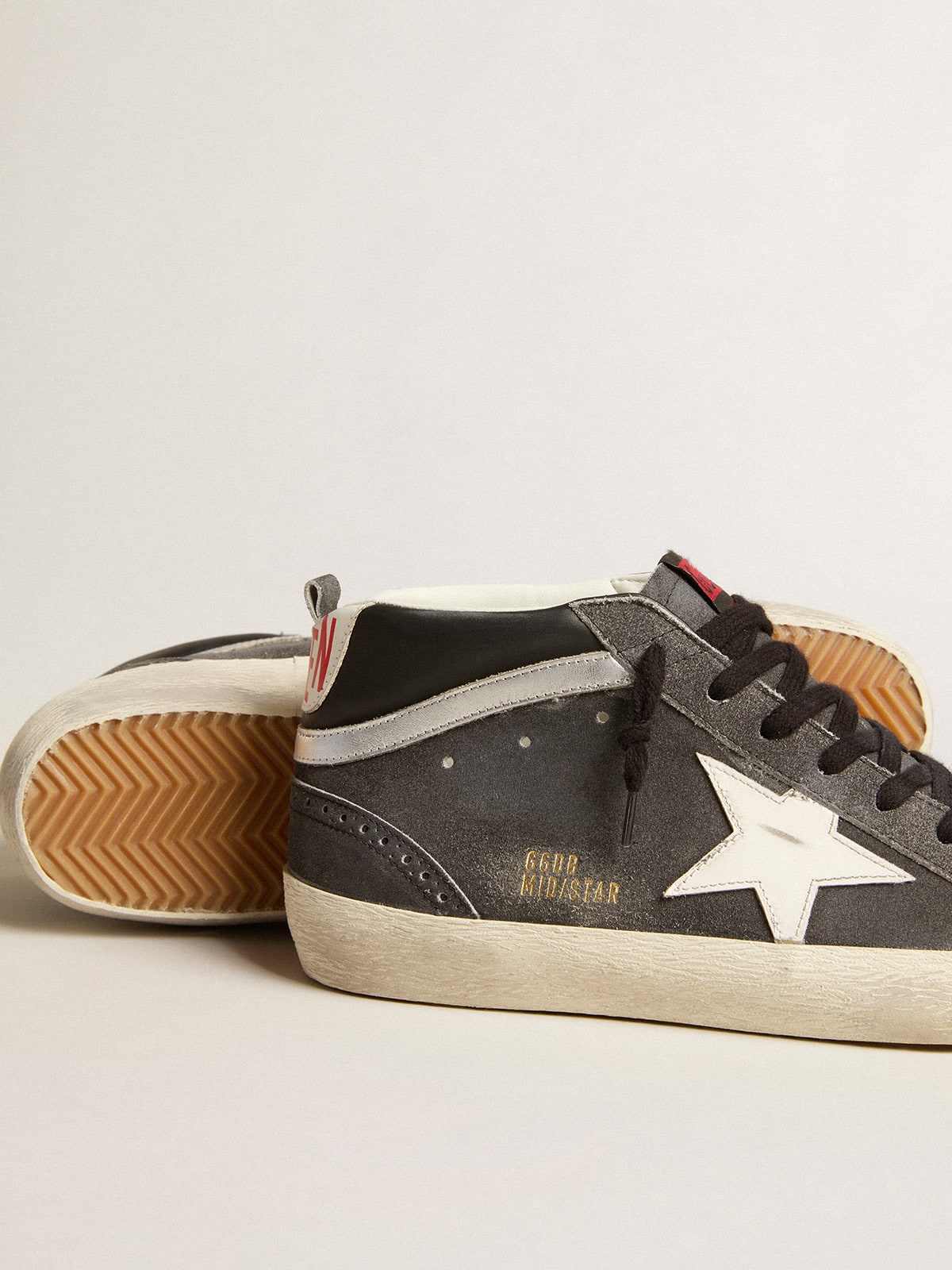 Golden Goose Mid Star in black suede with white leather star and silver flash
