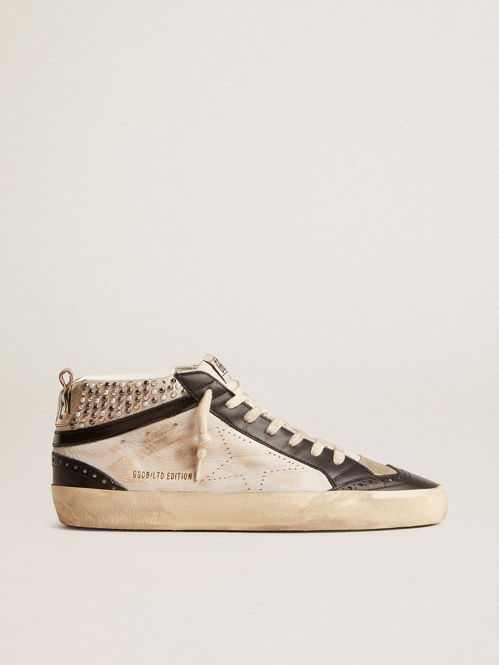 Golden Goose Men’s Mid Star LTD in black and white leather with pearls and perforated star