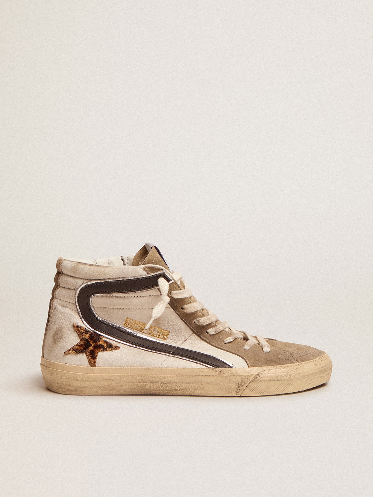 Golden Goose Men's Slide with leopard print pony skin star and black flash